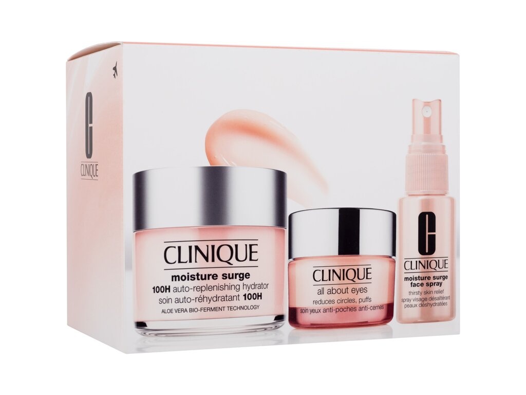 Clinique komplekt Moisture Surge 100H Auto-Replenishing Day Hydrator 125ml + Moisture Surge Face Spray Thirsty Skin Relief 30ml +All About Eyes 15ml, naistele