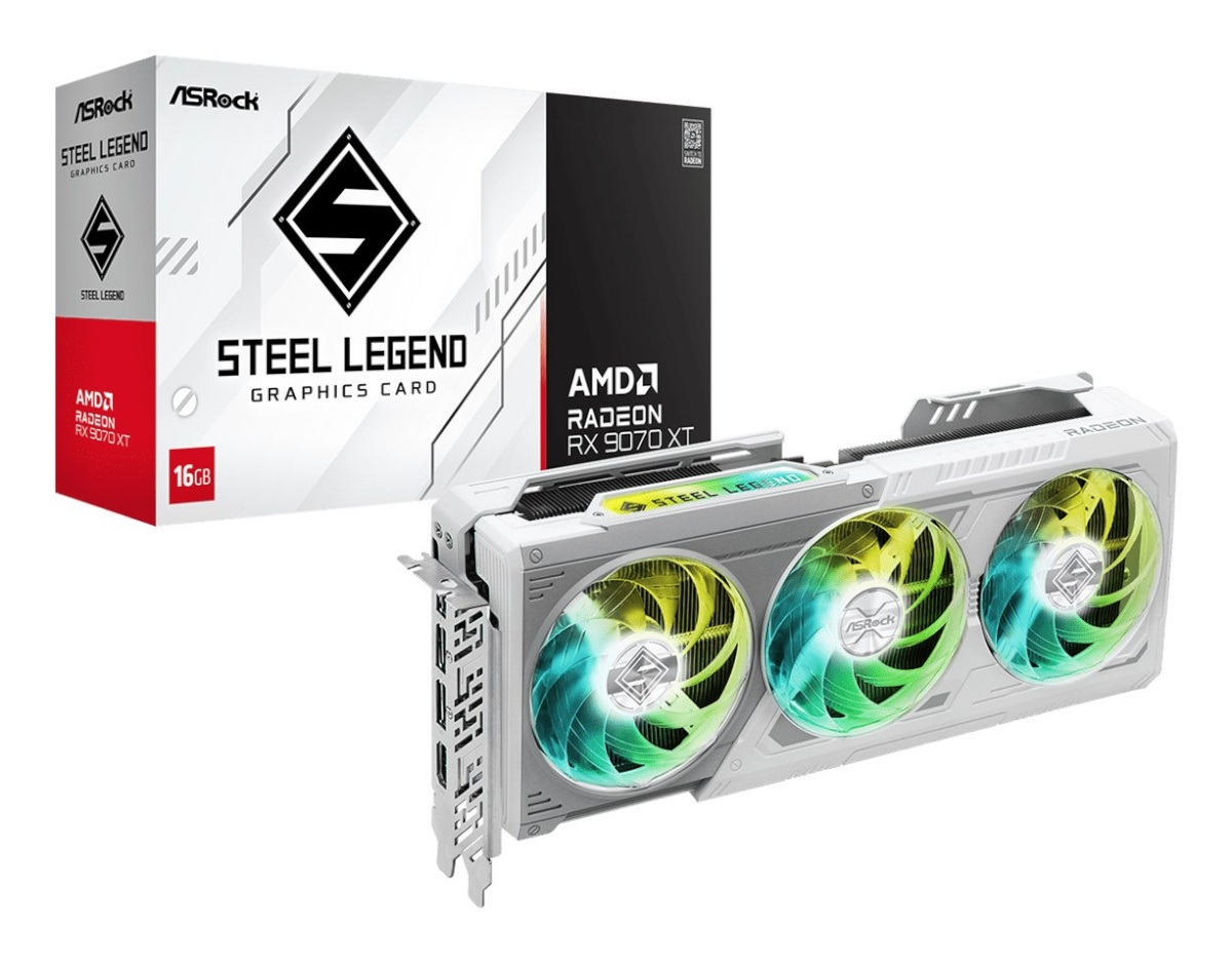 ASRock videokaart Radeon RX 9070 XT Steel Legend 16GB (valge, RDNA4, GDDR6, 3x DisplayPort, 1x HDMI 2.1)