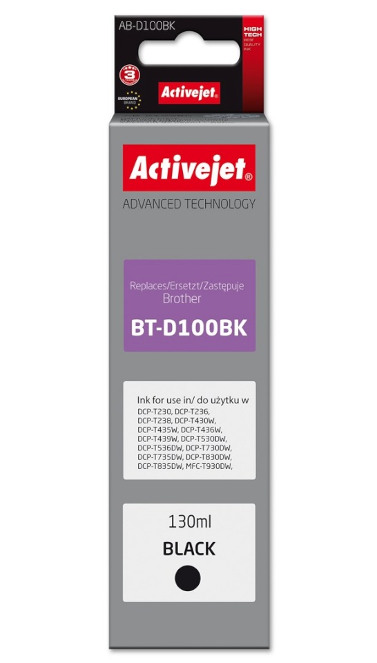 Activejet tindikassett AB-D100Bk Ink Cartridge for Brother printers, for Brother BT-D100BK, Supreme, 130 ml, must