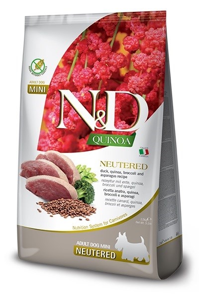 Farmina kuivtoit koerale N&D Quinoa Dog Duck, Broccoli, Asparagus Neutered Adult Mini, 2,5kg