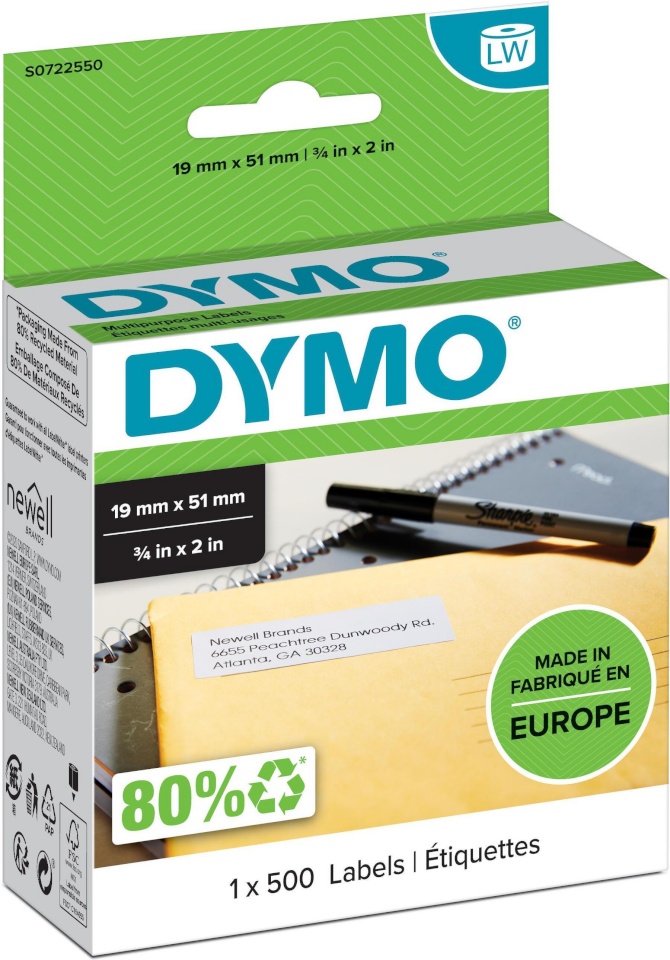 Dymo etiketiprinteri etiketid LabelWriter 19 x 51 mm, 500 etiketti, valge