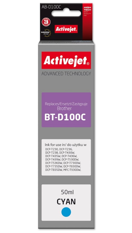 Activejet tindikassett AB-D100C Ink Cartridge for Brother printers, for Brother BT-D100C, Supreme, 50 ml, tsüaan