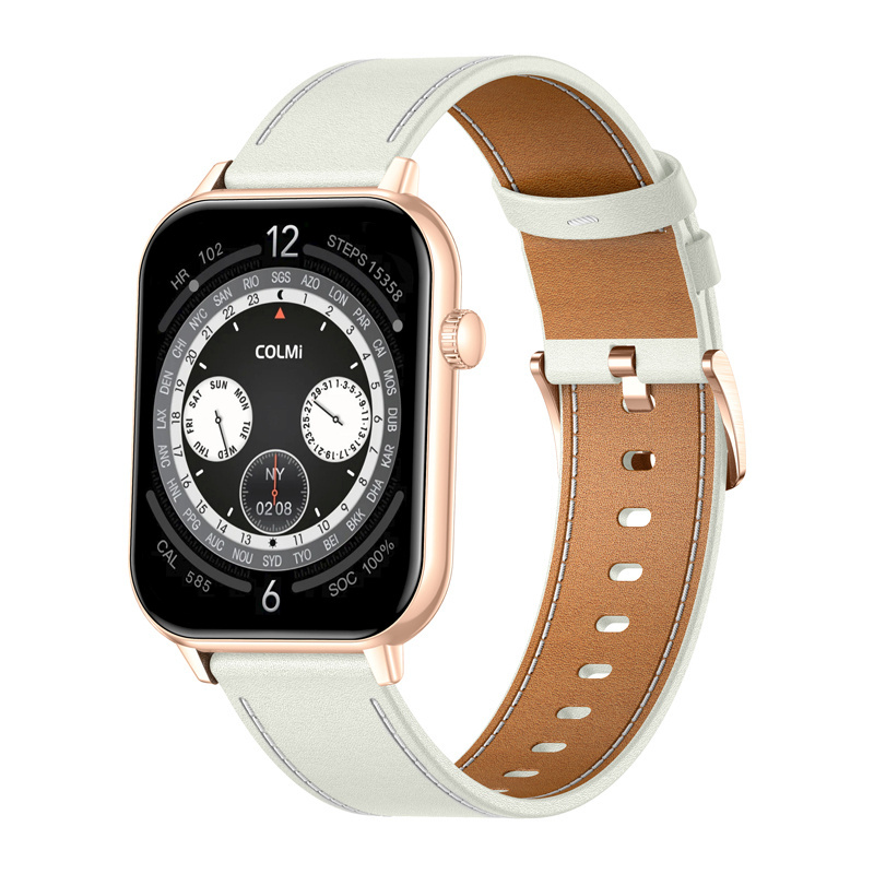 Colmi nutikell C28 in kuldne with a valge Leather Strap