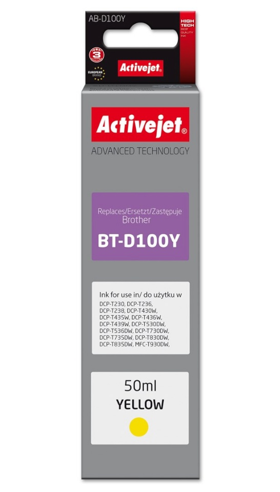 Activejet tindikassett AB-D100Y Ink Cartridge for Brother printers, for Brother BT-D100Y, Supreme, 50 ml, kollane