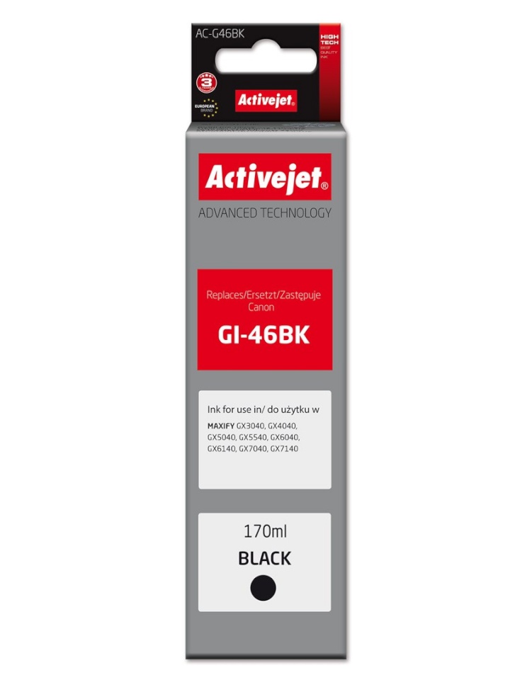Activejet tindikassett AC-G46BK Ink cartridge for Canon printers, for Canon GI-46BK, Supreme, 170 ml, must