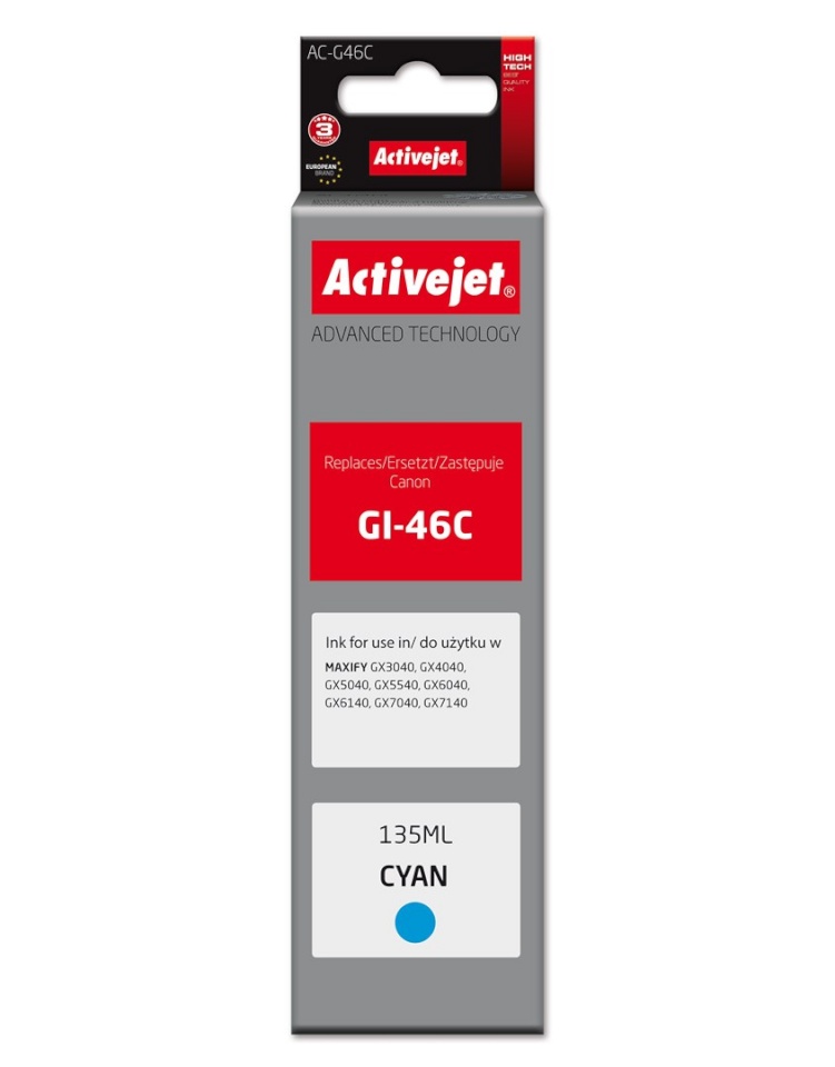 Activejet tindikassett AC-G46C Ink cartridge for Canon printers, for Canon GI-46C, Supreme, 135 ml, tsüaan