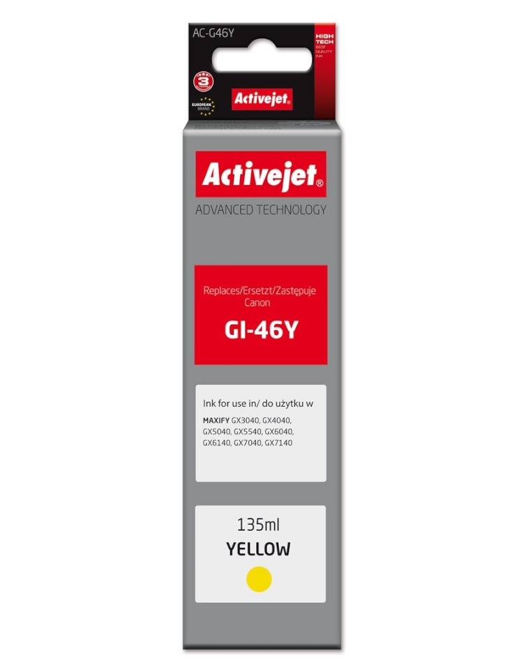 Activejet tindikassett AC-G46Y Ink cartridge for Canon printers, for Canon GI-46Y, Supreme, 135 ml, kollane