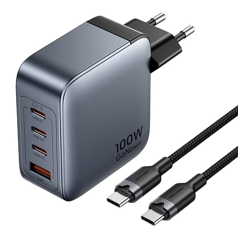 Vention power charger 3x USB-C, 1x USB-A, (100W/100W/30W/30W) (hall) with USB-C to USB-C cable (1m) (must)