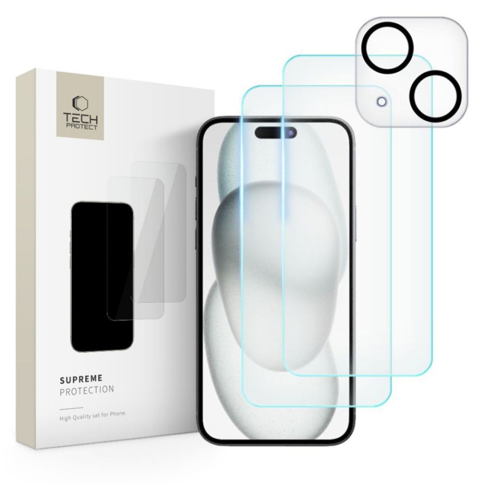 SZKŁO HARTOWANE Tech-Protect SUPREME SET 3-PACK iPhone 15 CLEAR