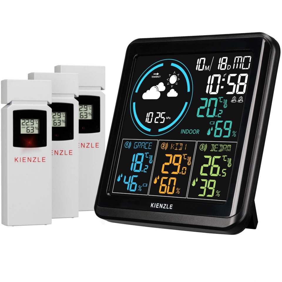 Kienzle ilmajaam 15004 Radio DCF Weather Station with 3 Outdoor Sensors, must/valge