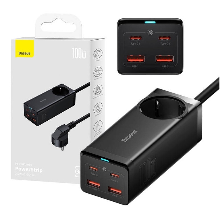 Baseus seinalaadija GaN3 Pro Powerstrip 1.5m 2xUSB + 2xUSB-C + AC, 100W must