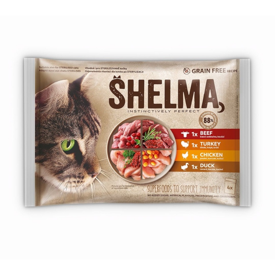Shelma kassitoit Rich in Chicken, Turkey, Beef and Duck, 4x85g