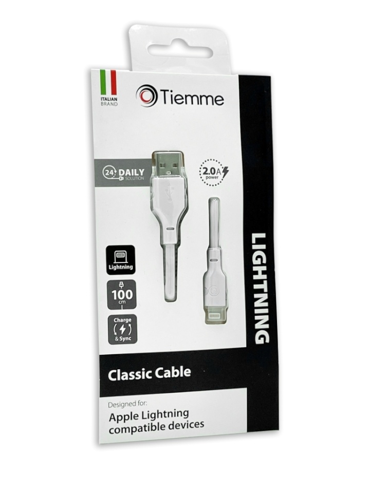 Tiemme Lightning - USB kaabel, 2A, 1m, valge