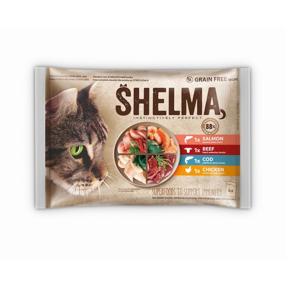 Shelma kassitoit Rich in Salmon, Cod, Beef and Chicken, 4x85g