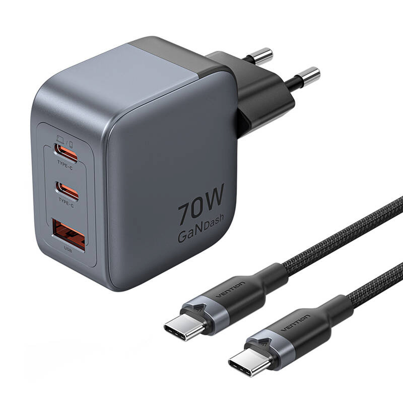 Vention GaN USB-C+C+A 70W Charger + USB-C-C Cable 1m (hall)
