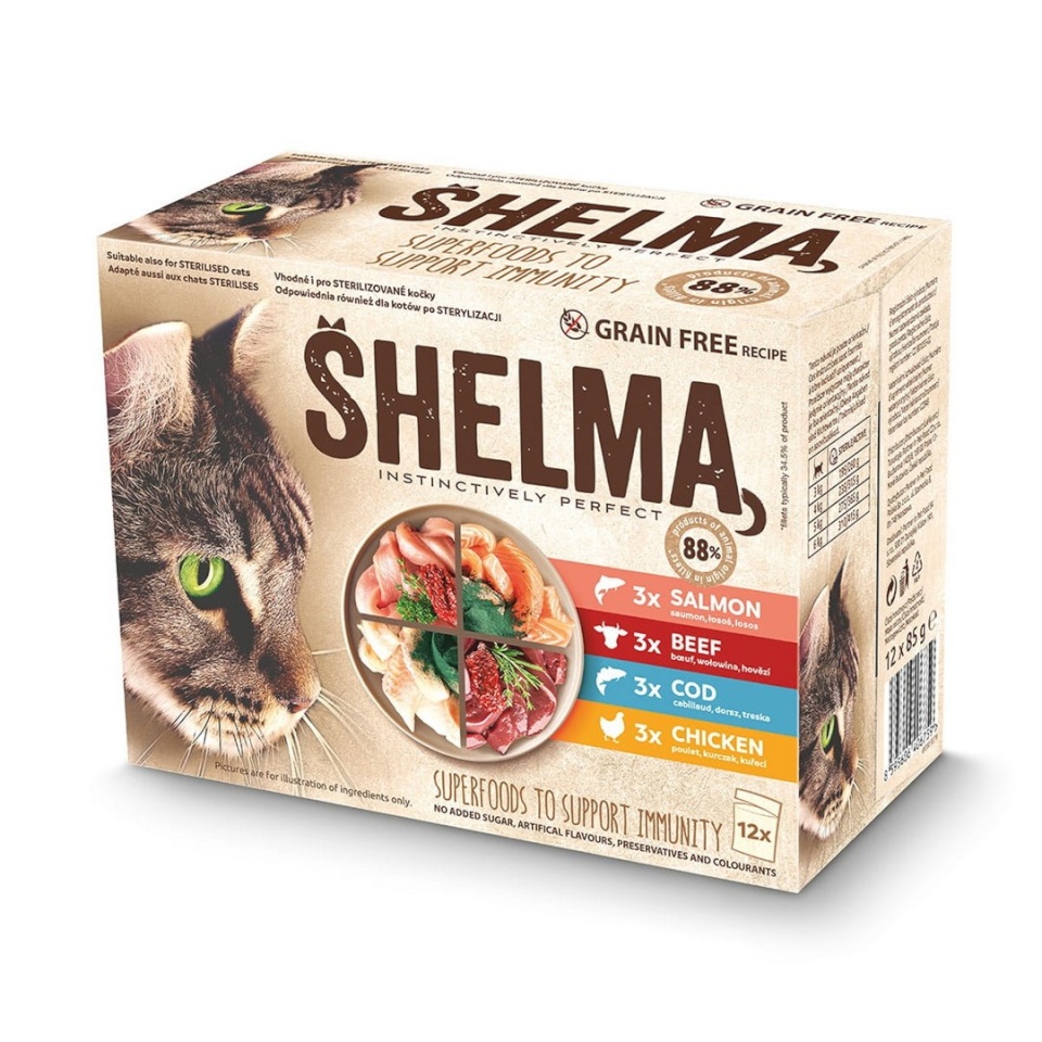 Shelma kassitoit with Salmon, Cod, Chicken and Beef in Sauce, 12x85g