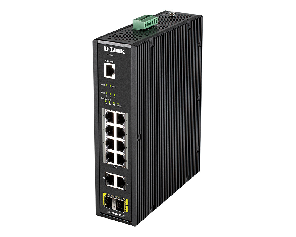 D-Link switch DIS-200G-12PS L2 Managed Industrial with 10 10/100/1000Base-T and 2 1000Base-X SFP ports DIS-200G-12PS