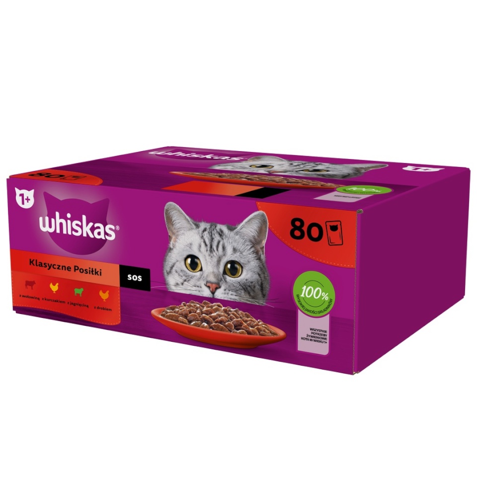 WHISKAS hõrgutised (80x85g) Classic Meals Märgtoit Täiskasvanud Kassidele Kastmes (veiseliha, kana, lambaliha, linnuliha)