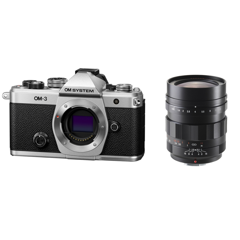 OM System OM-3 Kere hõbedane + Voigtländer Nokton 0,95/17,5 mm MFT asph., must