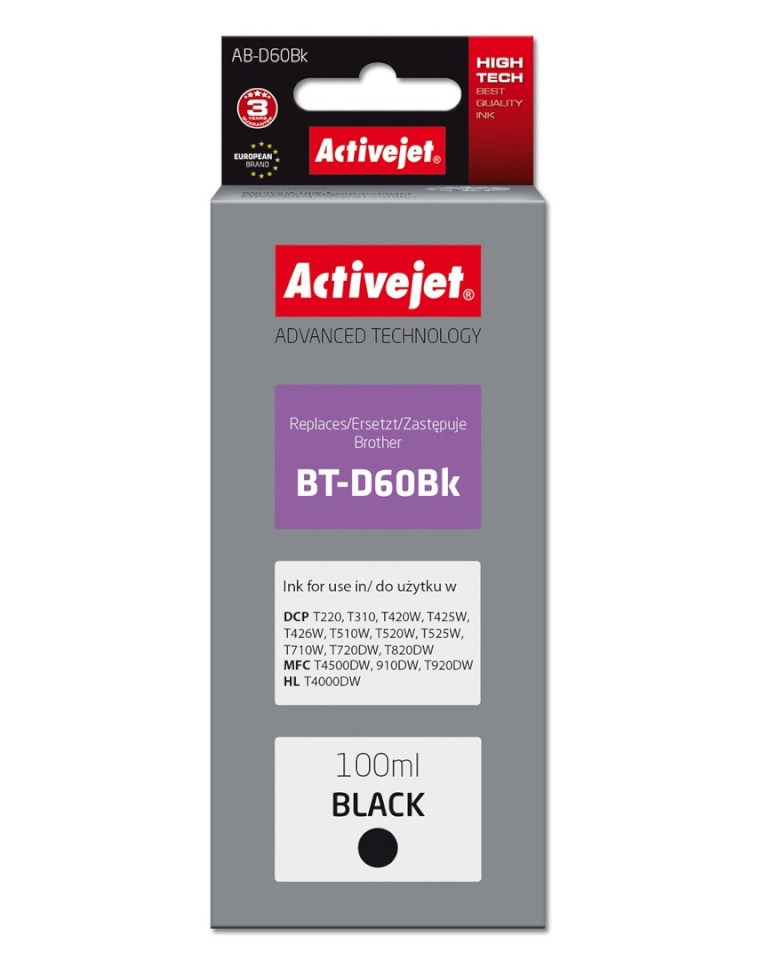 Activejet tindikassett AB-D60Bk Ink Cartridge ( for Brother BT-D60Bk, Supreme, 100 ml, must)