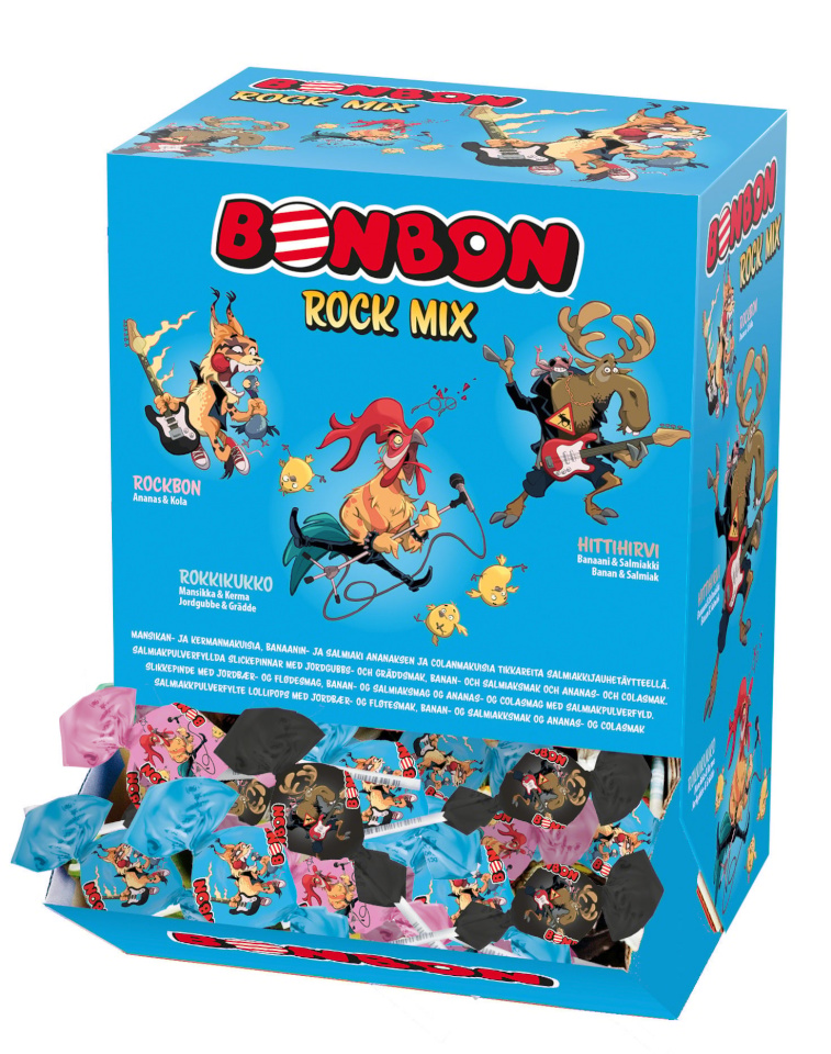 Bonboni lahtiseeritud kommid Rock Mix pulgakommide segu, 13 g x 110 tk
