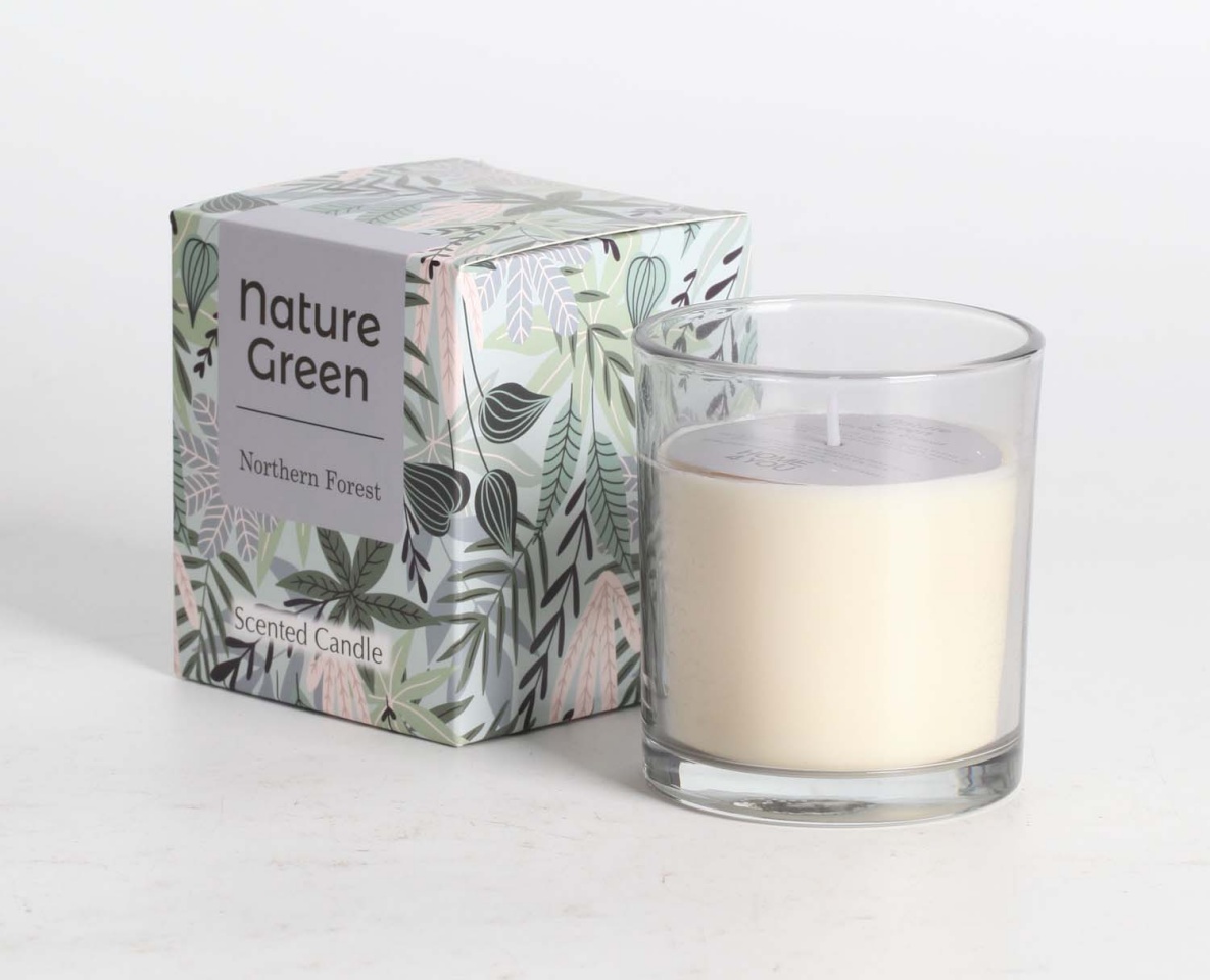 H4Y lõhnaküünal klaasis Nature Green, Northern Forest, 9,5cm, valge