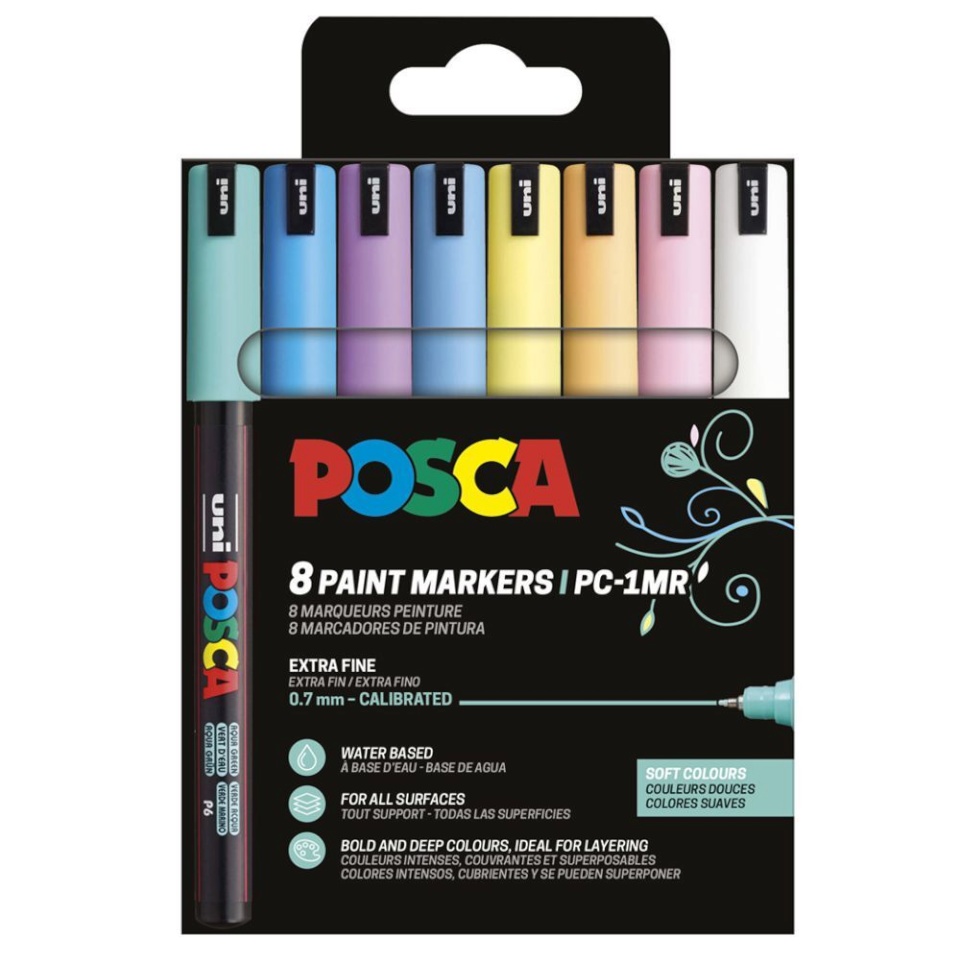 POSCA uni markerpliiats PC-1MR, ülipeen 0,7 mm ots, 8 tk, pehmed värvid