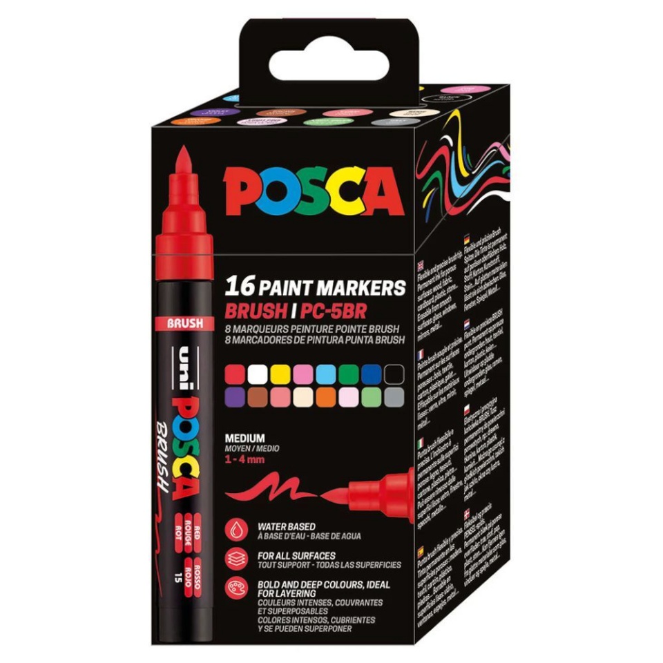 POSCA uni marker PC-5BR, pintselots, 16 värvi