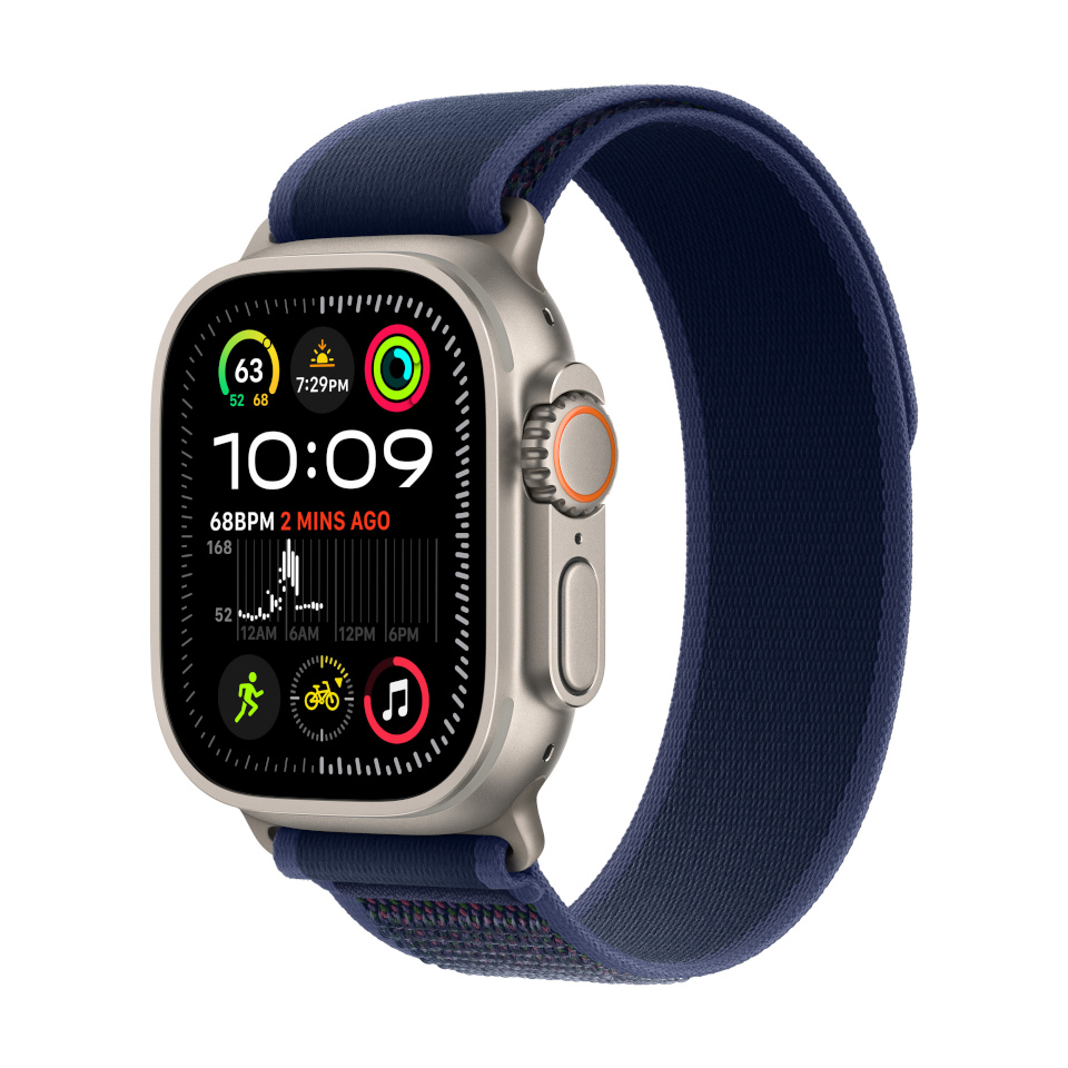 Apple Watch Ultra 2 (GPS + Cellular) 49 mm naturaalsest titaanist ümbrisega ja sinise Trail Bandiga, M/L (MX4L3)