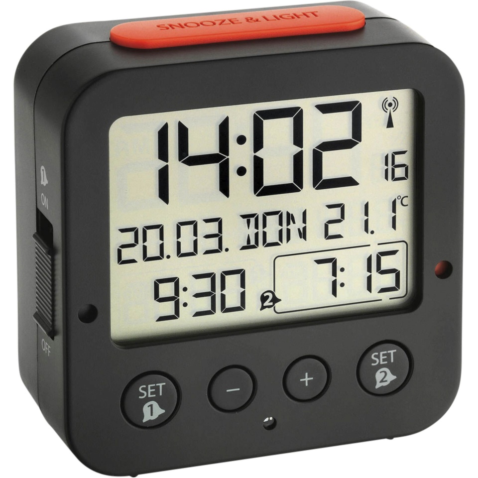 TFA äratuskell 60.2528.01 Bingo Radio Controlled Alarm Clock with Temperature, must/punane