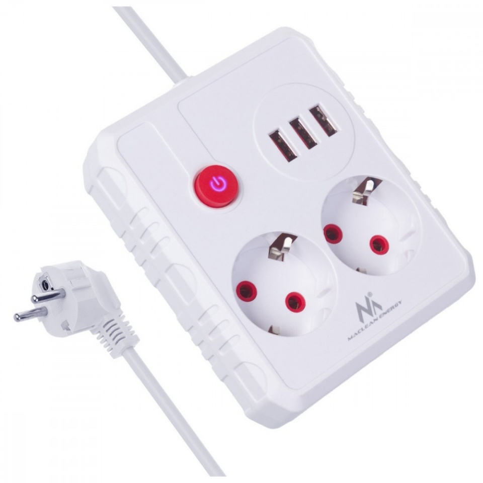 Maclean pikendusjuhe Power strip 2 sockets MCE387 W 3xUSB, 110-240V AC 50/60Hz, 2.1A max 2500W, 1.5m valge
