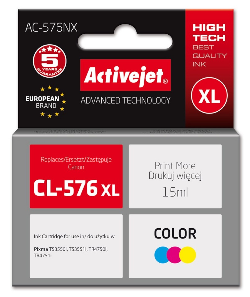 Activejet AC-576NX Canon printer ink, replacement Canon CL-576XL; Supreme; 15 ml; colour: sinine, kollane, magenta