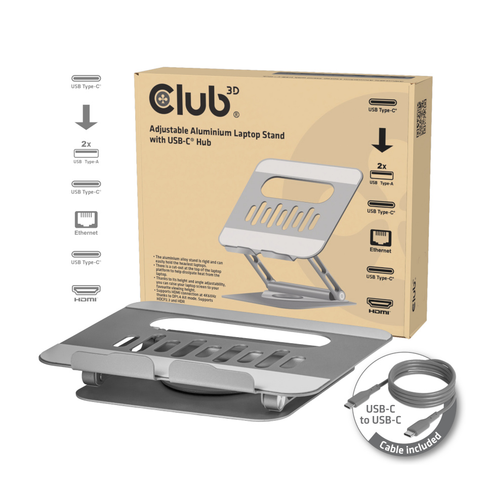 Club3D Laptopständer mit USB-C HUB 100W 360° 4K60Hz
