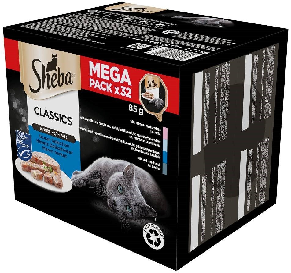Sheba kassitoit Tray of Pate valge Fish/Fish/Salmon/Tuna - Wet Cat Food- 32x85 g