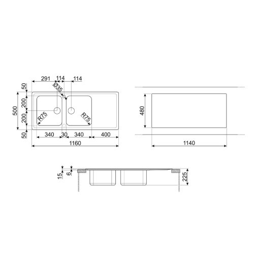SMEG valamu LLR116-2, 116cm, pealt paigaldatav, käsitsi, harjatud roostevaba teras