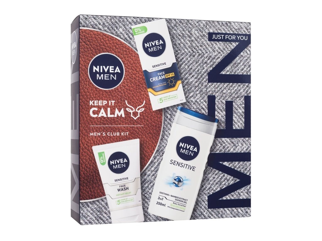 Nivea Men komplekt Sensitive Men Face Cream SPF15 75ml + Men Sensitive Face Wash 100ml + Men Sensitive Soothing Bamboo Extract Shower Gel 250ml, meestele