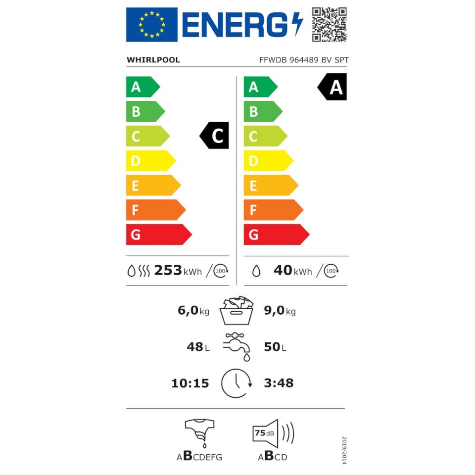 Whirlpool kuivatiga pesumasin FFWDB964489BVSP 1400rpm 9kg 6kg