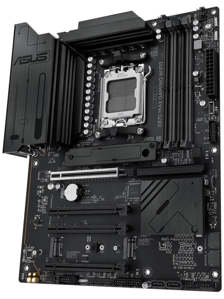 ASUS emaplaat AMD X870 sam5 ATX memory Ddr5 memory Slots 4 1xPSIe 3.0 16x 2xPSIe 4.0 16x 1xPSIe 5.0 16x 3xm.2 1xhdmi 4xusb 2.0 4xusb 3.2 2xusb-c 1xrj45 3xaudio Port x870maxgamingwifi7