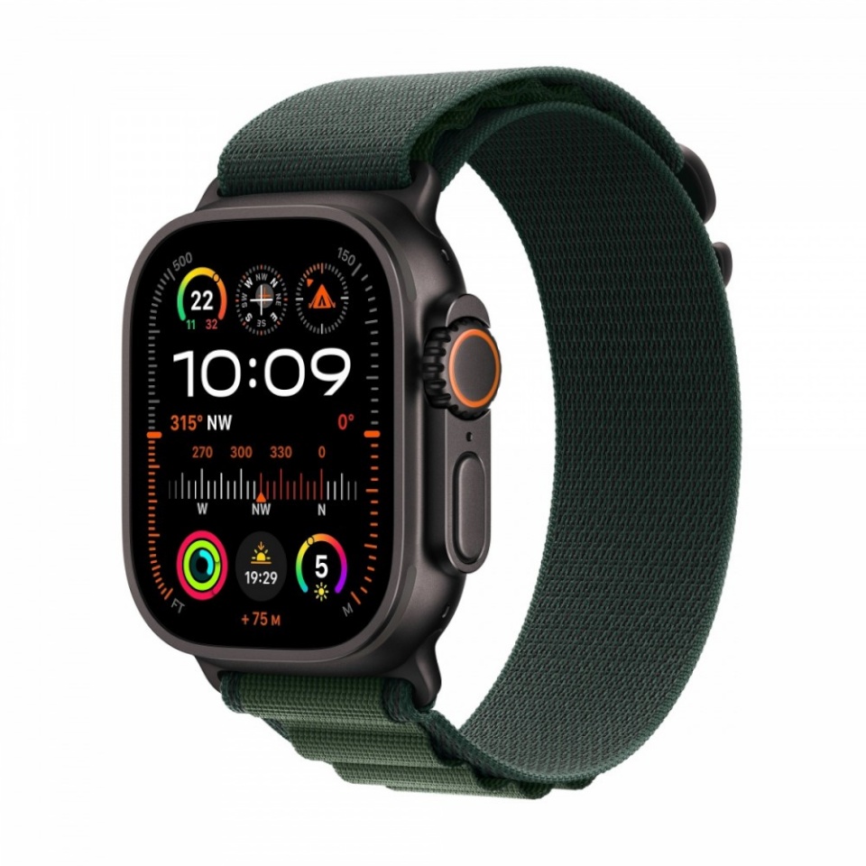 Apple Watch Ultra 2 GPS + Cellular 49mm Black Titanium Case with Dark Green Alpine Loop, Small, must/roheline