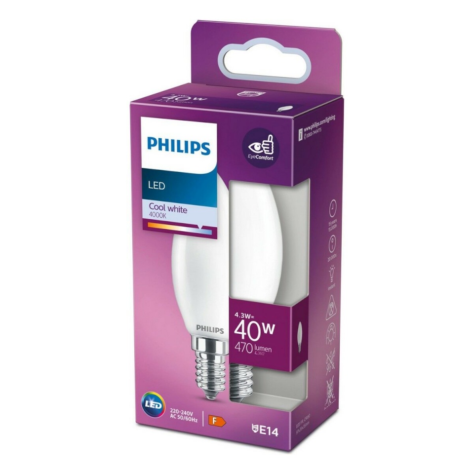 Philips LED pirn Küünal valge F 40 W 4,3 W E14 470 lm 3,5x9,7cm (4000 K)