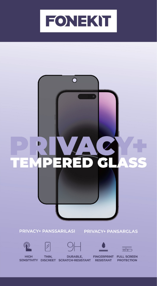 Fonekit kaitseklaas Privacy+ Full Cover, iPhone 14 Pro Max, must