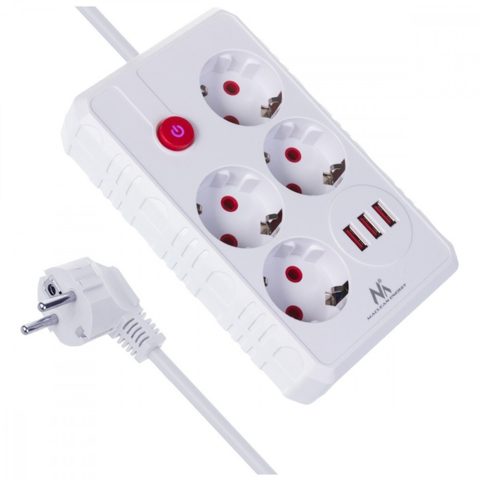 Maclean pikendusjuhe Power strip MCE392 W 4 sockets 3xUSB, 110-240V AC 50/60Hz, 2.1A max 2500W 1,5m valge