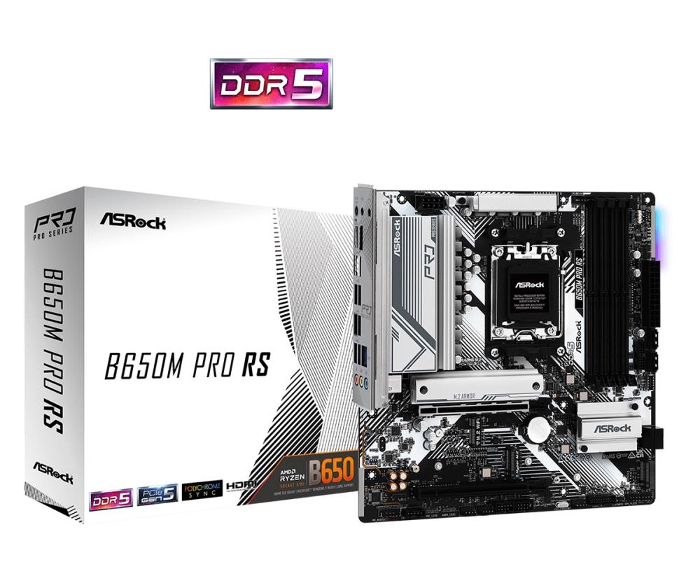 Asrock emaplaat AMD B650 sam5 micro-ATX memory Ddr5 memory Slots 4 1xPSIe 3.0 16x 1xPSIe 4.0 16x 1xm.2 1xhdmi 1xdisplayport 4xusb 2.0 3xusb 3.2 1xusb-c 1xrj45 b650mprors