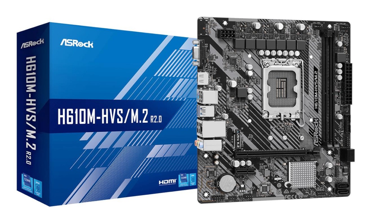 Asrock emaplaat intel H610 LGA1700 micro-ATX memory Ddr4 memory Slots 2 1xpci-express 3.0 1x 1xpci-express 4.0 16x 1xm.2 1x15pin D-sub 1xhdmi 1xaudio-in 1xaudio-out 1xmicrophone 4xusb 2.0 2xusb 3.2 1xps/2 1xrj45 h610m-hvs/m.2r2.0