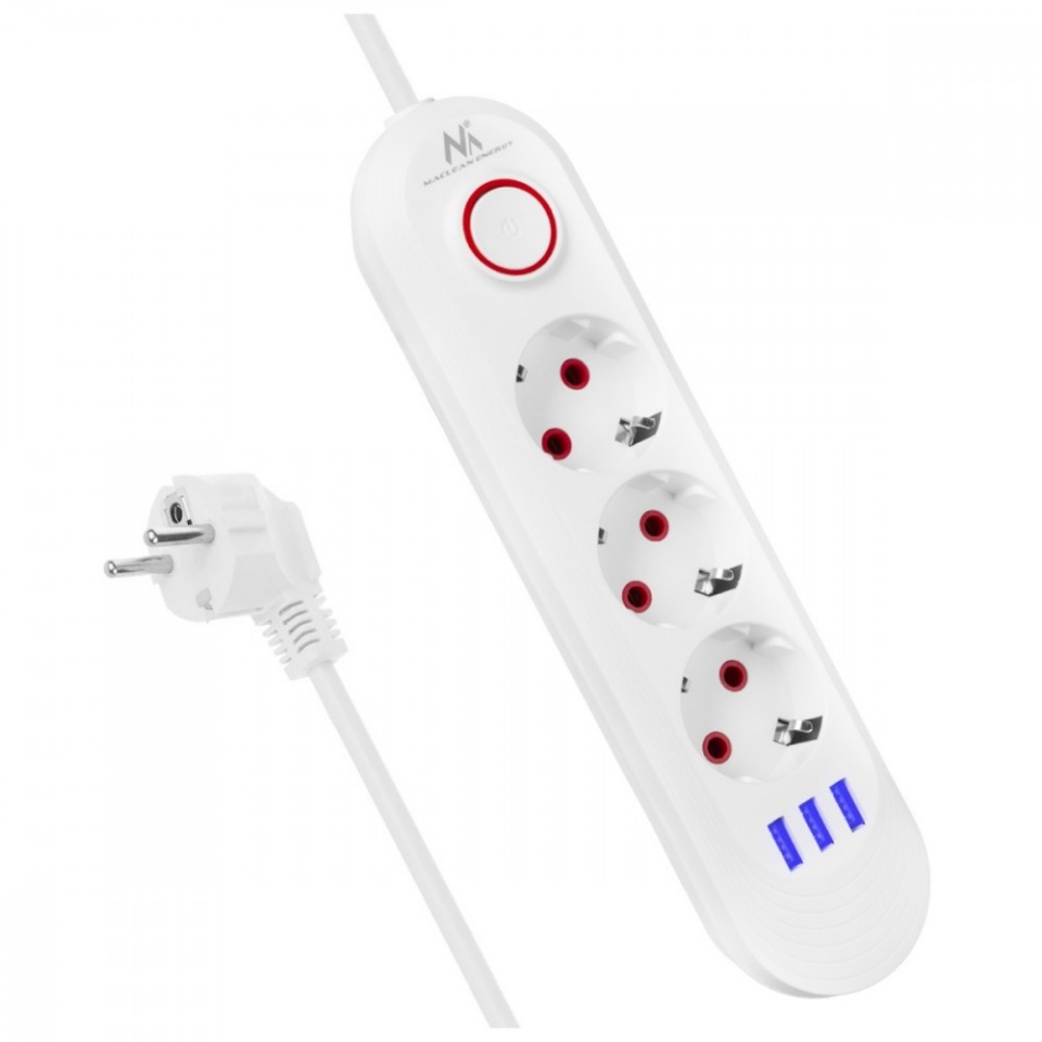 Maclean pikendusjuhe Power strip MCE394W 3 sockets 3xUSB, 110-240V AC 50/60, 2.1A max 2500W, valge
