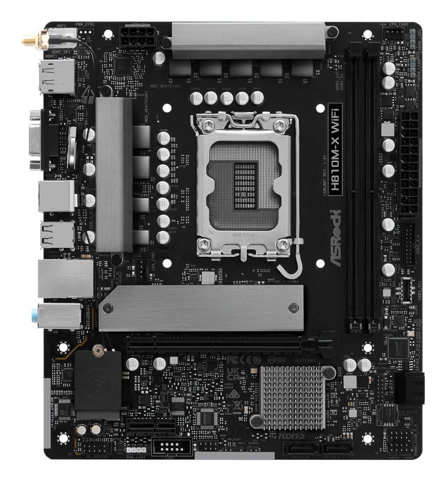 Asrock emaplaat intel H810 LGA 1851 (socket V1) micro ATX ram Ddr5-sdram 2xslots wi-fi Yes bluetooth Yes 1xnumber Of M.2 (m) Slots h810m-xwifi