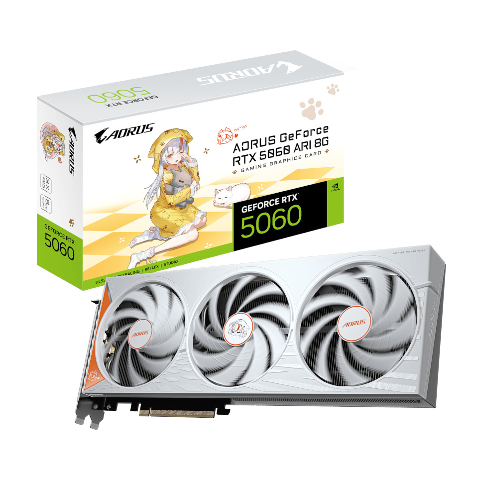GigaByte videokaart GeForce RTX 5060 Ti AORUS ARI 8G (valge, DLSS 5, 3x DisplayPort, 1x HDMI 2.1)