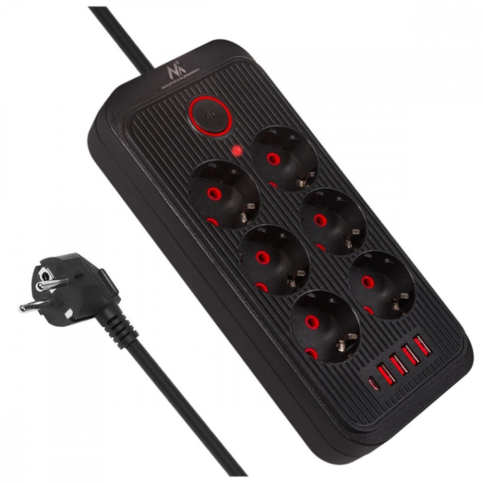 Maclean pikendusjuhe Power strip MCE389 B 6 sockets 4xUSB, 110-240V AC 50/60Hz, 2.1A max 2500W, must