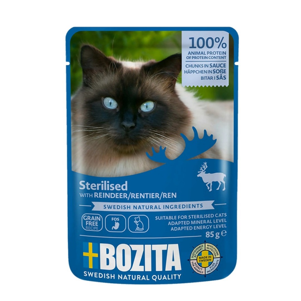 Bozita kassitoit Sterilised Meat Chunks in Sauce with Reindeer, 85g