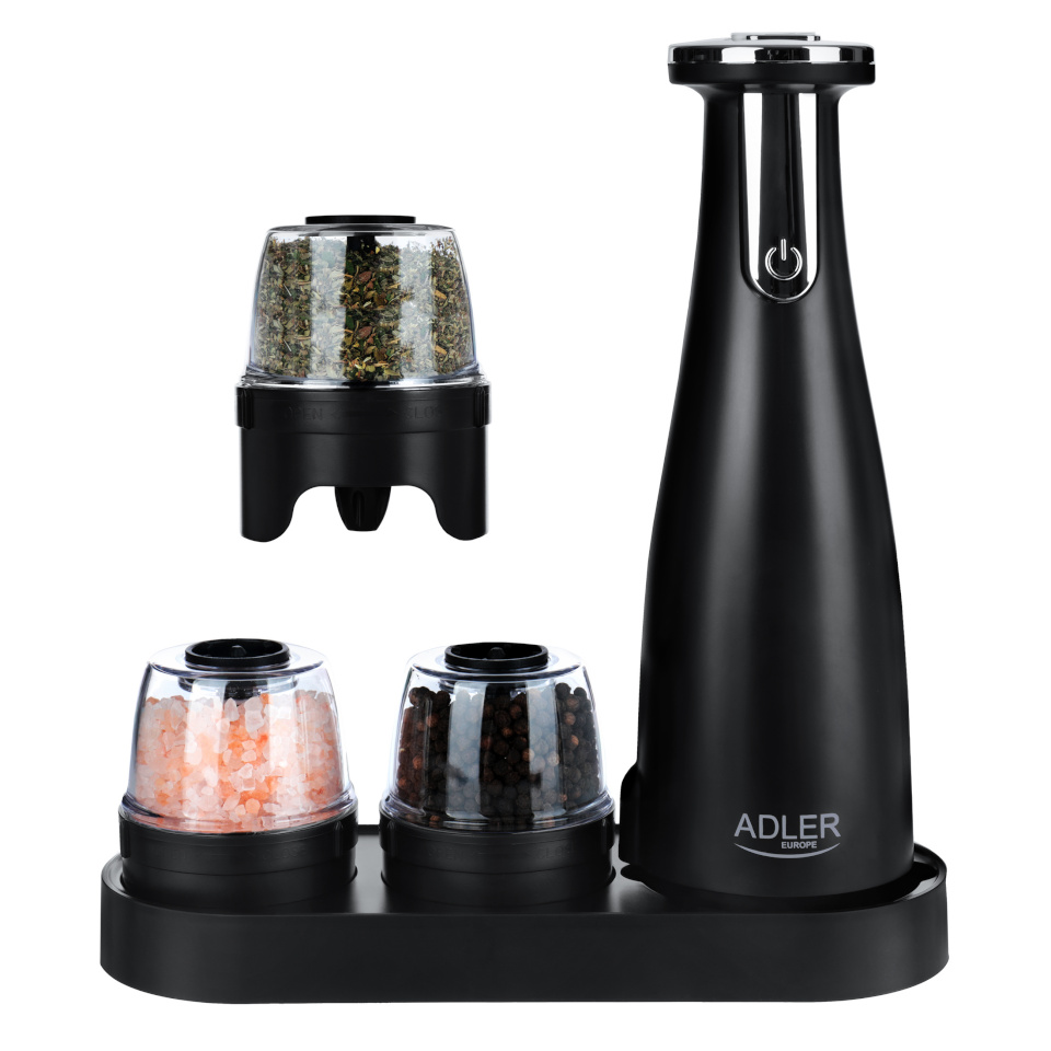Adler Electric Salt and pepper grinder AD 4449b 7 W, Housing material ABS plastic, Lithium, Matte must